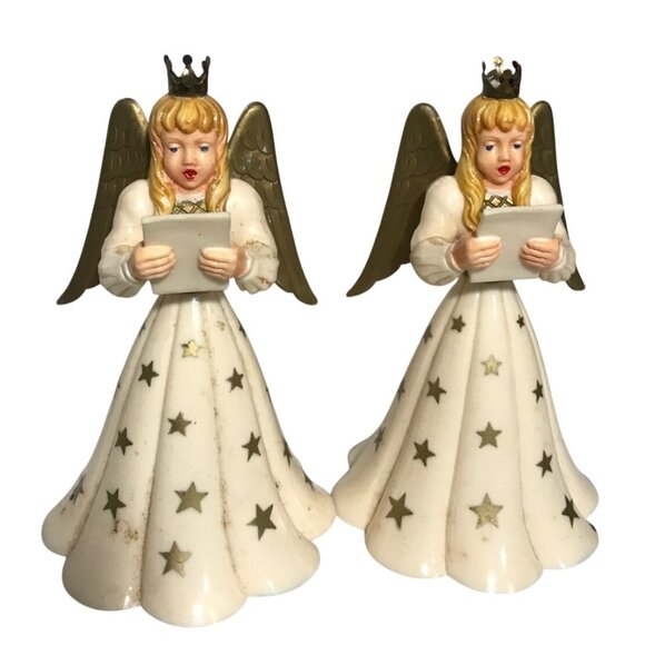 Vintage Angel Figurines Gold Star Pattern & Crowned Heads Set Of 2  Choir Angels - Picture 1 of 9